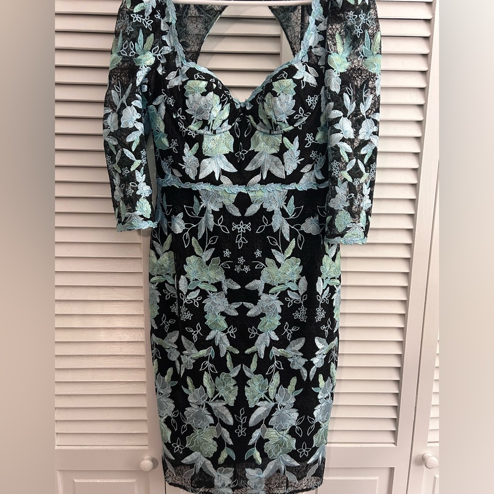 Marchesa Black and Green Floral Lace Dress**Like New** Worn once!